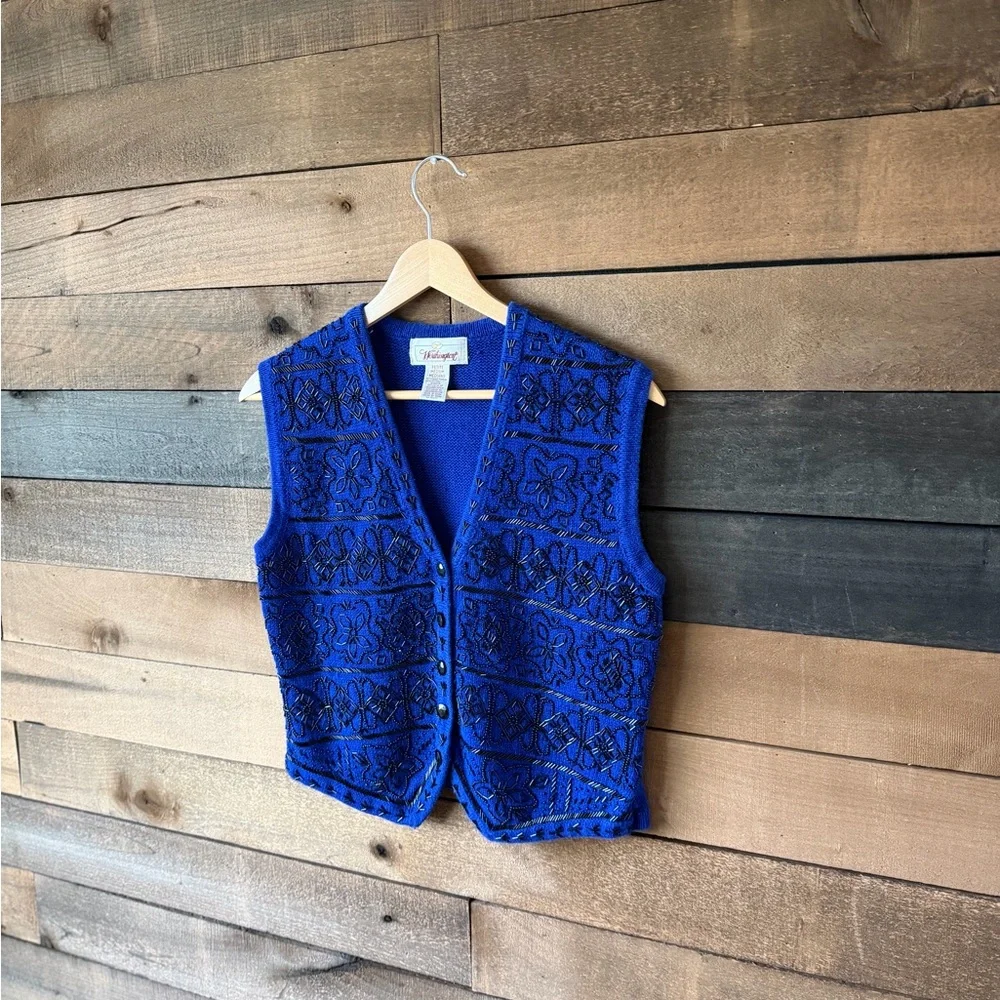 Y2K Cobalt Blue Beaded Sweater Vest Worthington Knit Button Front